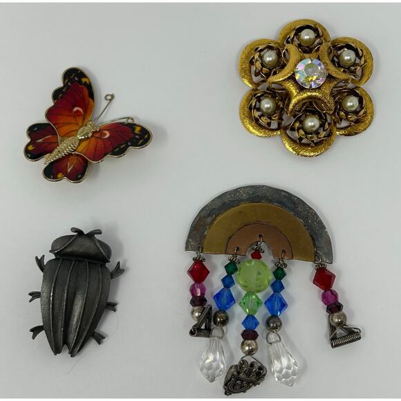 Vintage Jewelry - Lot 4 Vintage Brooches Pins Costume Jewelry Rainbow Beetle Butterfly Faux Pearl